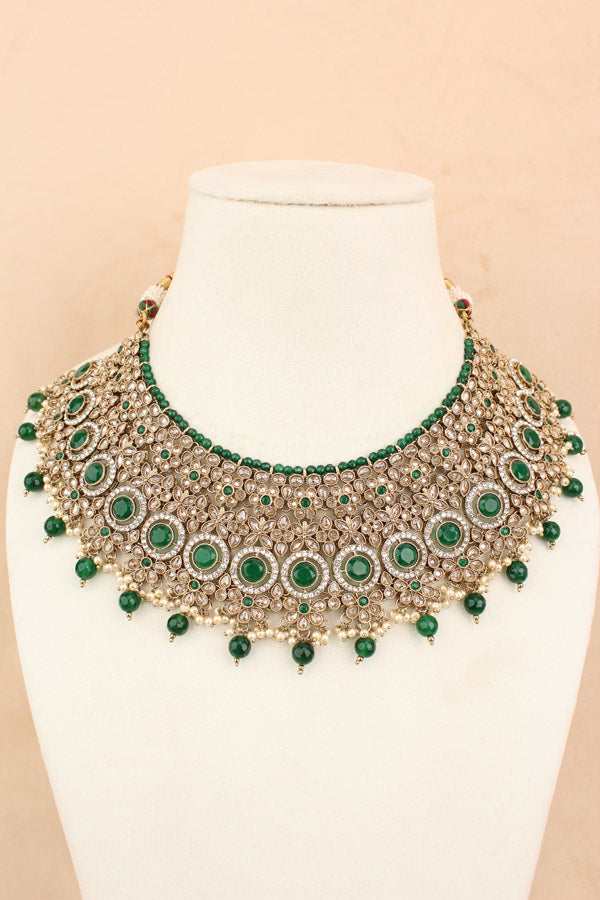 Bridal Set In Premium Quality With Polki And Green Stones In Mehndi Polish (BS003-G-Polki)