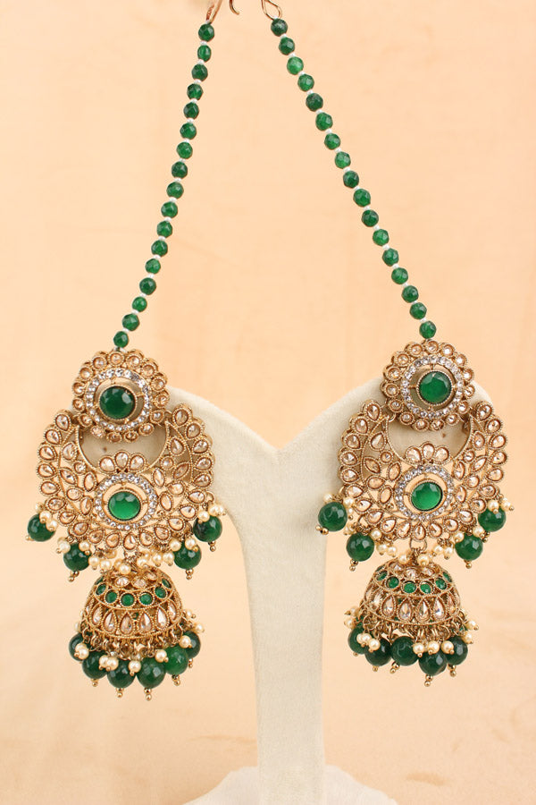 Bridal Set In Premium Quality With Polki And Green Stones In Mehndi Polish (BS003-G-Polki)