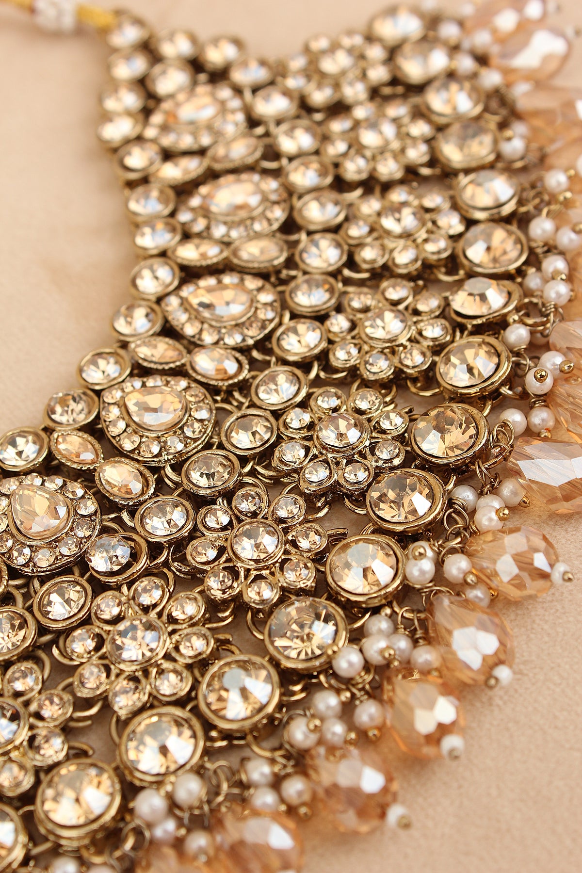 Gold Colour Bridal Necklace Set With Champagne Gold Colour Crystal Beads (BS005-Golden)