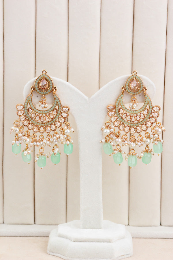 Light Green Gold Polish Polki Choker With Large Earrings And Tikka (CS009-Polki)