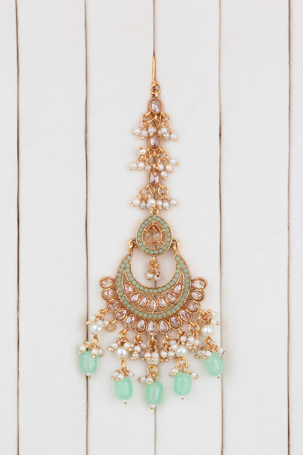 Light Green Gold Polish Polki Choker With Large Earrings And Tikka (CS009-Polki)