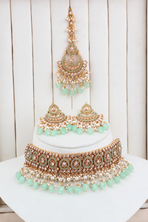 Light Green Gold Polish Polki Choker With Large Earrings And Tikka (CS009-Polki)
