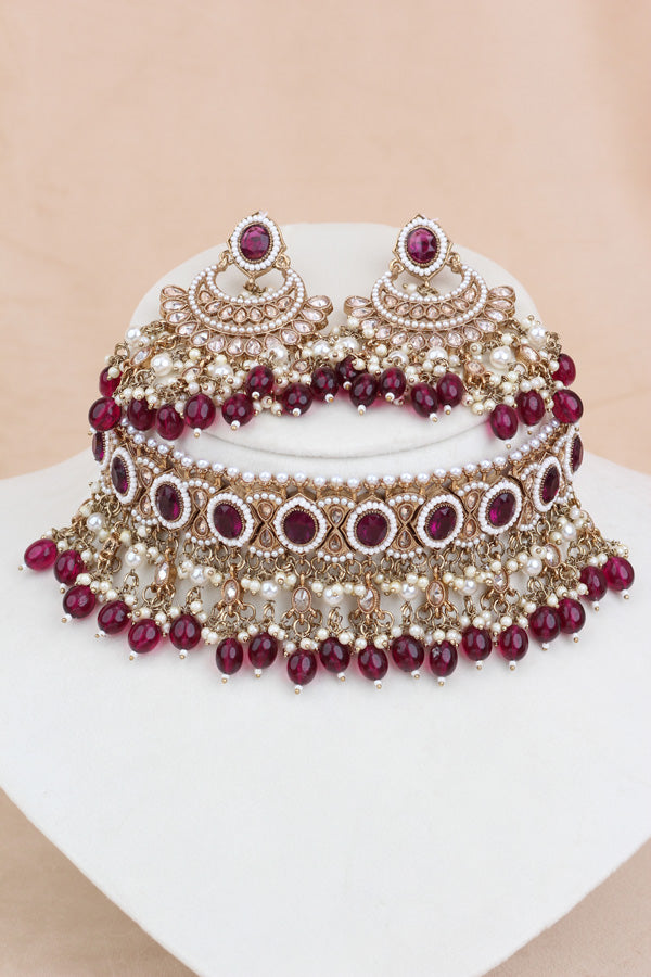 Burgendy Mehndi Polish Polki Choker With Pearls Large Earrings And Tikka (CS010-BU-MP-Polki)