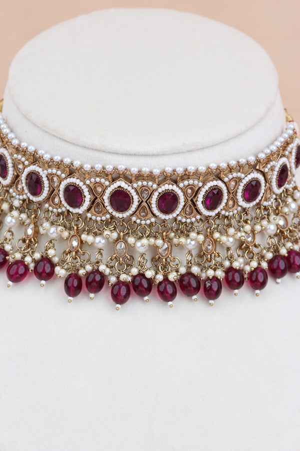 Burgendy Mehndi Polish Polki Choker With Pearls Large Earrings And Tikka (CS010-BU-MP-Polki)