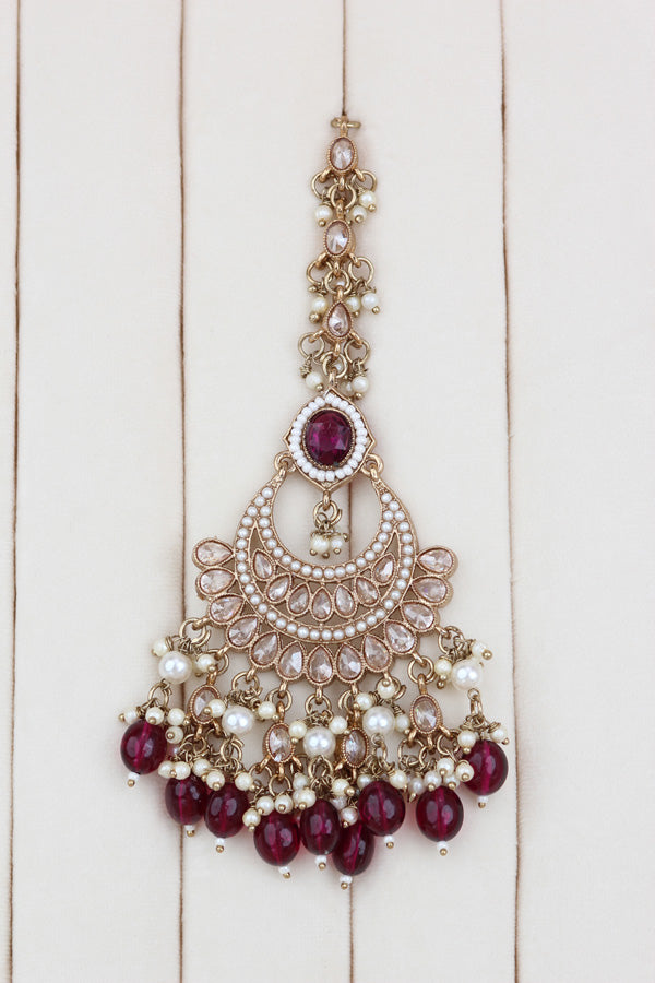 Burgendy Mehndi Polish Polki Choker With Pearls Large Earrings And Tikka (CS010-BU-MP-Polki)