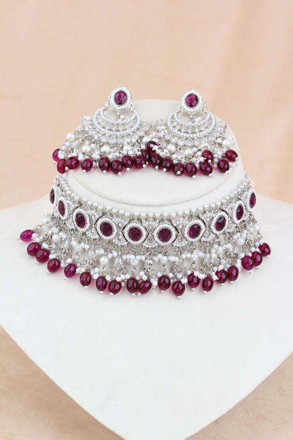 Burgendy Silver Polish Polki Choker With Pearls Large Earrings And Tikka (CS010-BU-SP-Polki)
