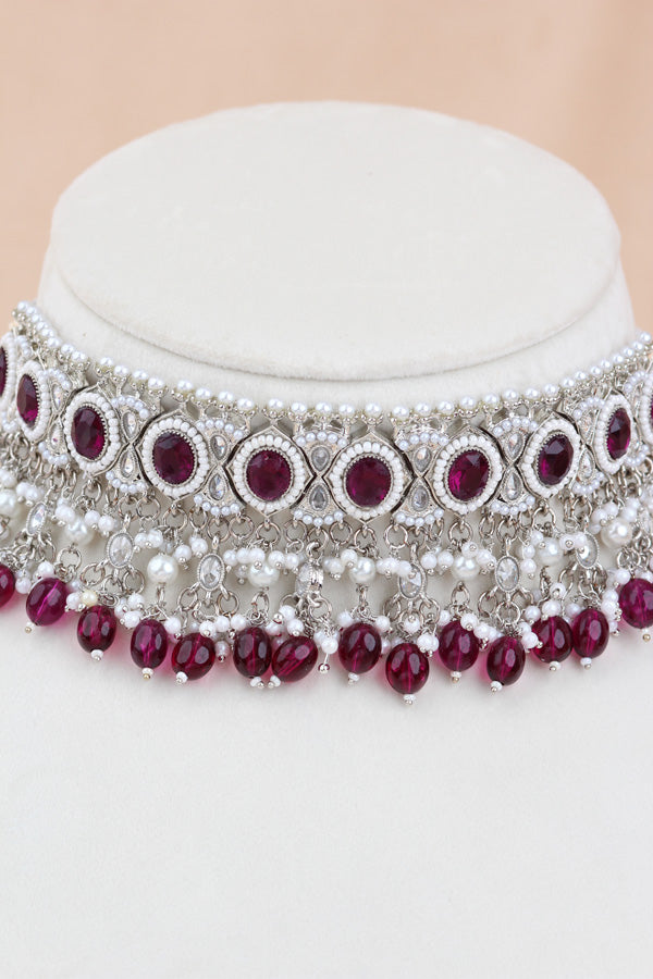 Burgendy Silver Polish Polki Choker With Pearls Large Earrings And Tikka (CS010-BU-SP-Polki)