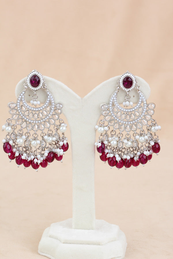 Burgendy Silver Polish Polki Choker With Pearls Large Earrings And Tikka (CS010-BU-SP-Polki)