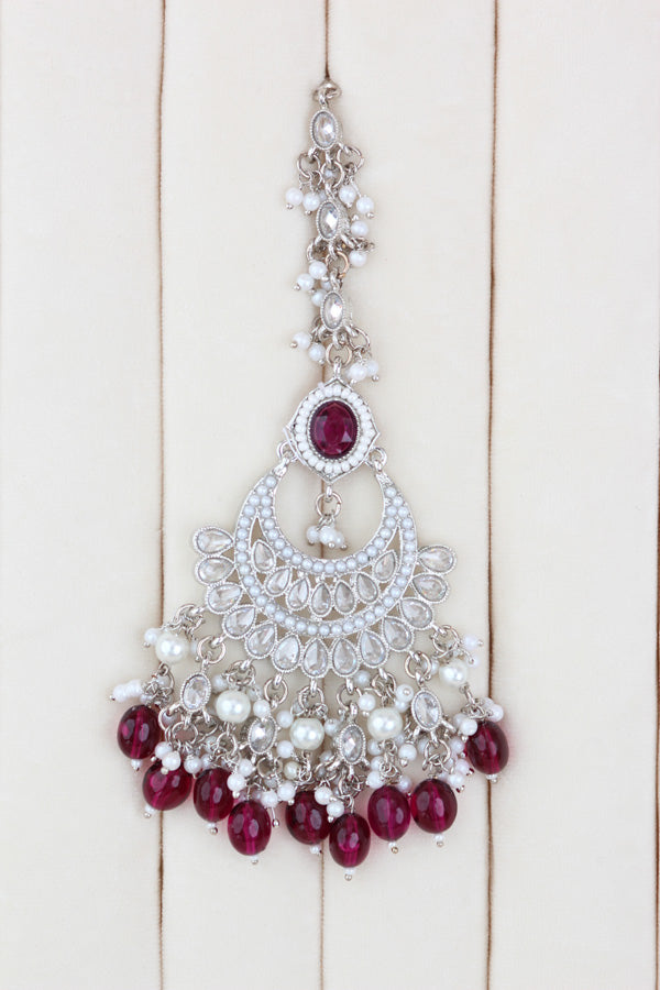 Burgendy Silver Polish Polki Choker With Pearls Large Earrings And Tikka (CS010-BU-SP-Polki)