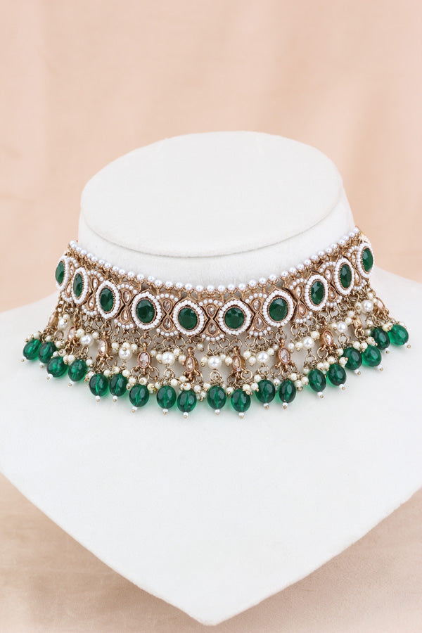 Green Mehndi Polish Polki Choker With Pearls Large Earrings And Tikka (CS010-G-MP-Polki)