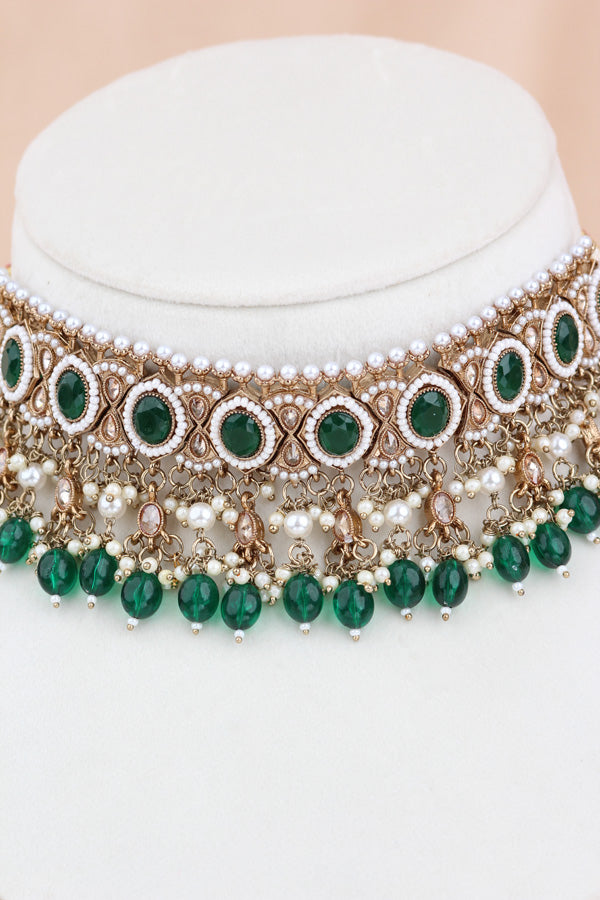 Green Mehndi Polish Polki Choker With Pearls Large Earrings And Tikka (CS010-G-MP-Polki)