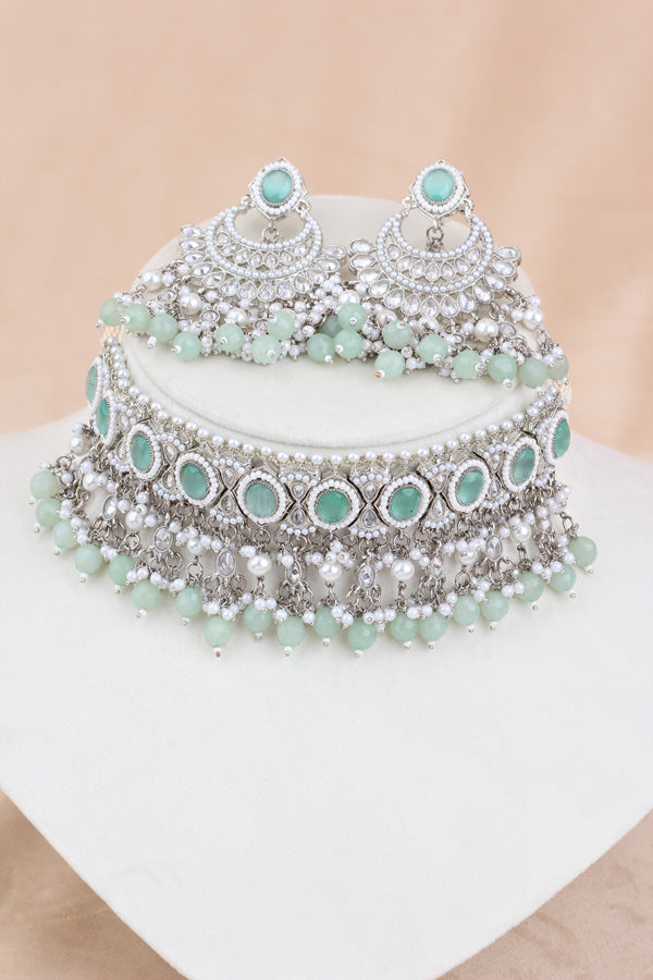 Light Green Silver Polish Polki Choker With Pearls Large Earrings And Tikka (CS010-LG-SP-Polki)