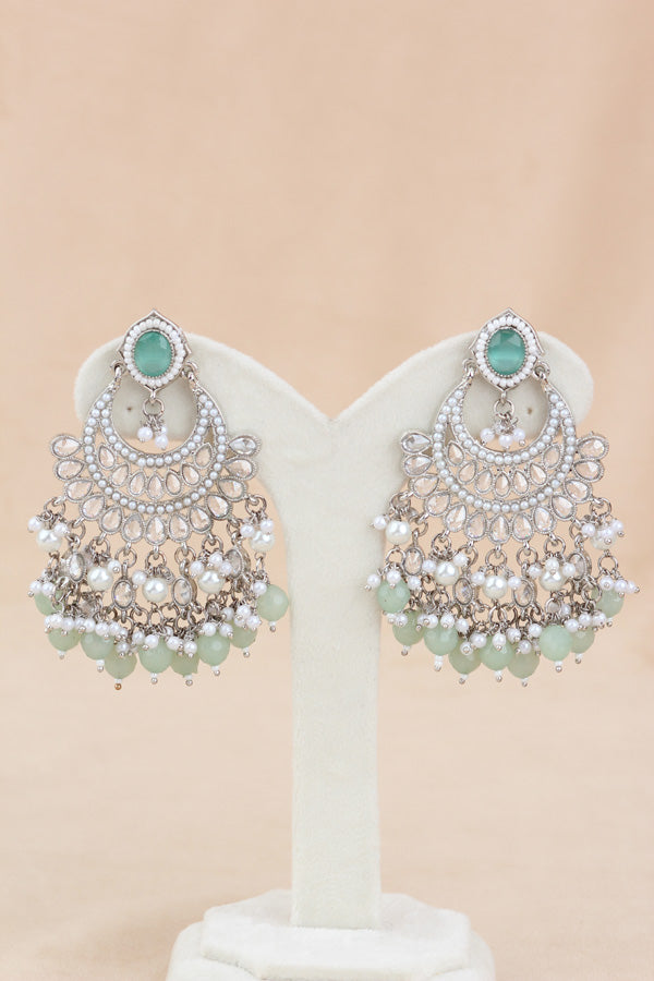 Light Green Silver Polish Polki Choker With Pearls Large Earrings And Tikka (CS010-LG-SP-Polki)