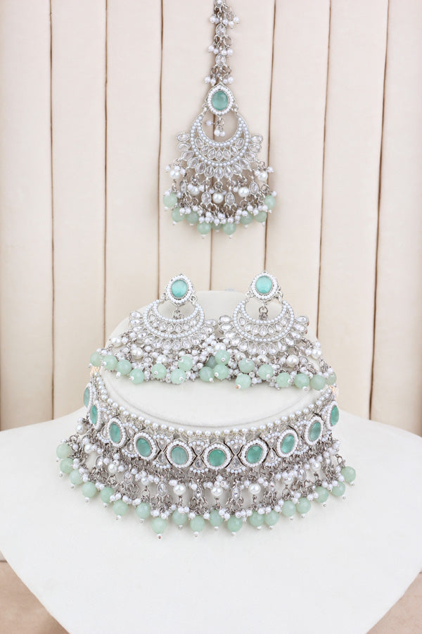 Light Green Silver Polish Polki Choker With Pearls Large Earrings And Tikka (CS010-LG-SP-Polki)