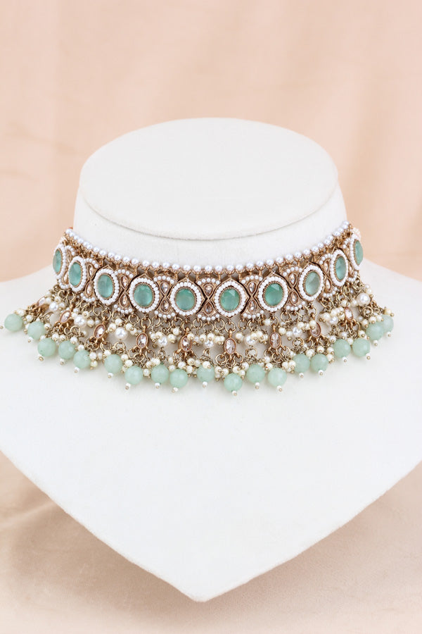 Mint Green Mehndi Polish Polki Choker With Pearls Large Earrings And Tikka (CS010-MG-MP-Polki)