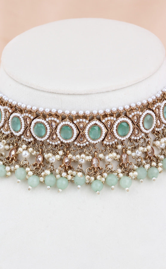 Mint Green Mehndi Polish Polki Choker With Pearls Large Earrings And Tikka (CS010-MG-MP-Polki)
