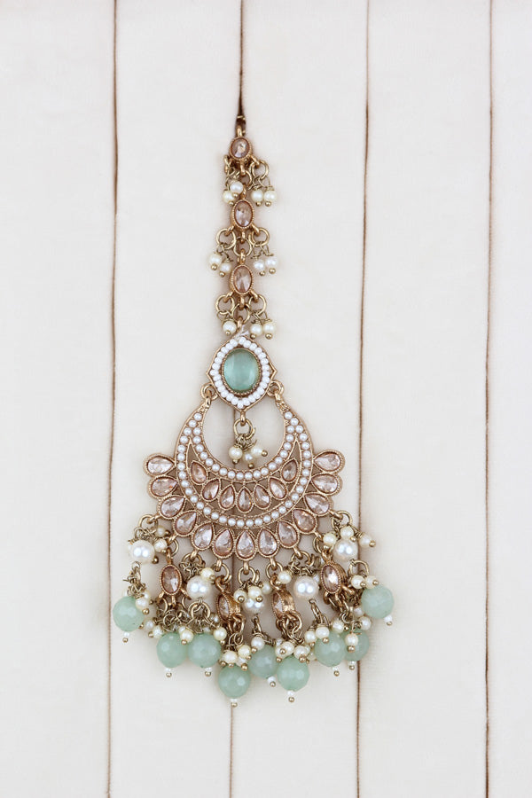 Mint Green Mehndi Polish Polki Choker With Pearls Large Earrings And Tikka (CS010-MG-MP-Polki)