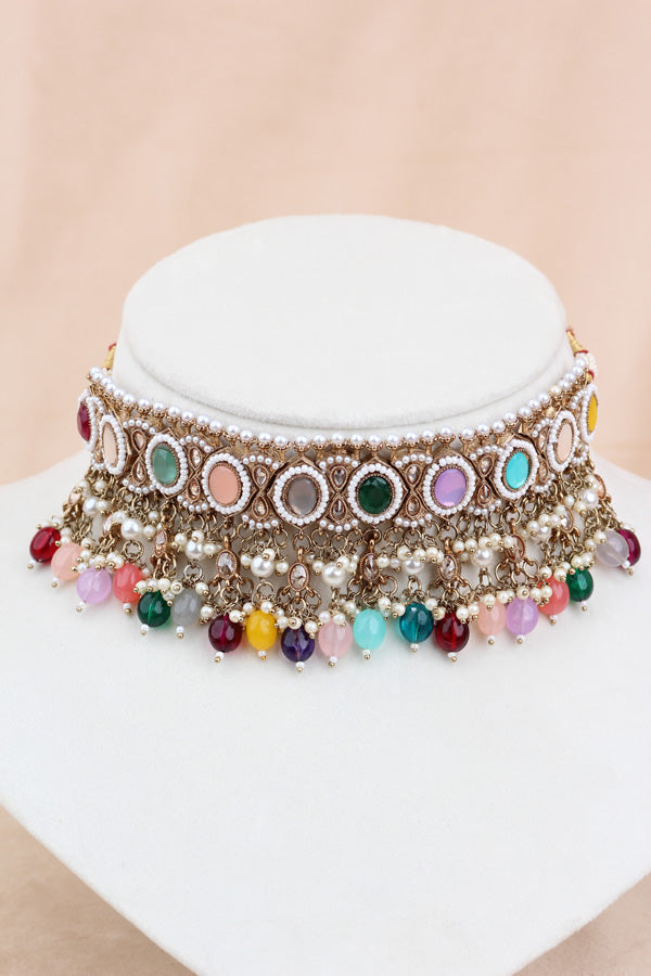 Multi Gold Polish Polki Choker With Pearls Large Earrings And Tikka (CS010-MU-GP-Polki)