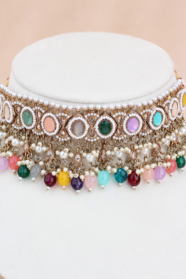 Multi Gold Polish Polki Choker With Pearls Large Earrings And Tikka (CS010-MU-GP-Polki)