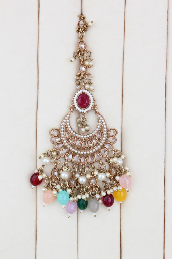 Multi Gold Polish Polki Choker With Pearls Large Earrings And Tikka (CS010-MU-GP-Polki)