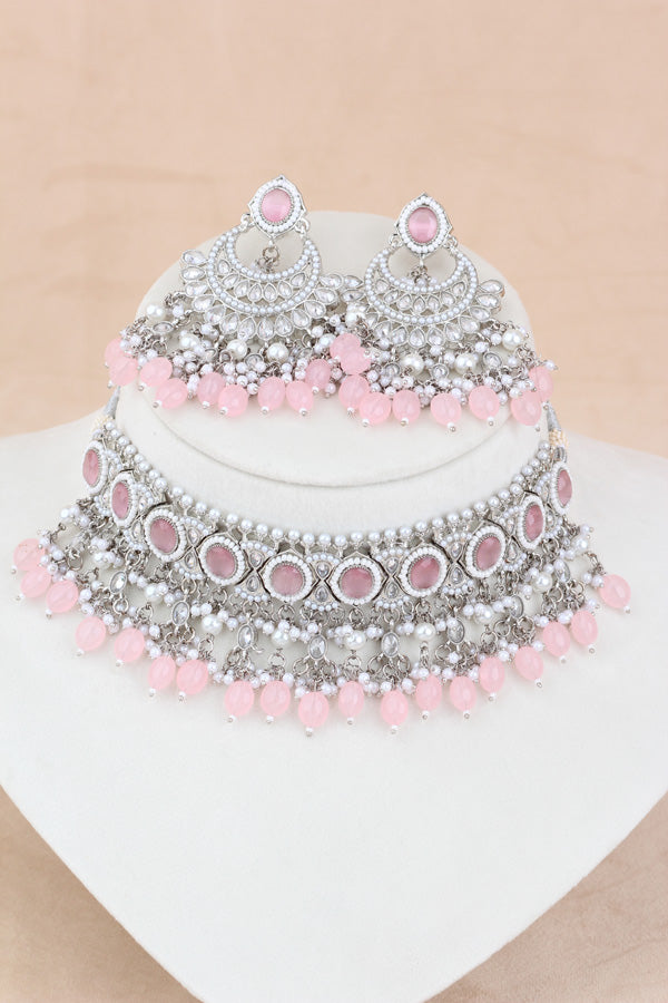 Pink Silver Polish Polki Choker With Pearls Large Earrings And Tikka (CS010-P-SP-Polki)