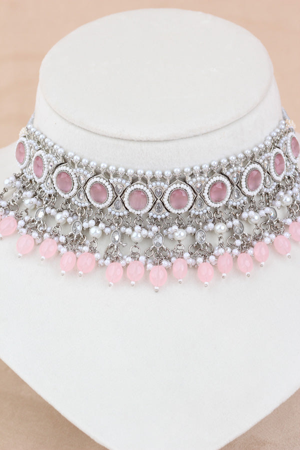 Pink Silver Polish Polki Choker With Pearls Large Earrings And Tikka (CS010-P-SP-Polki)