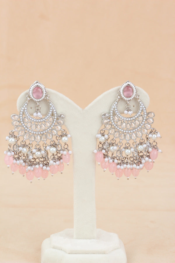 Pink Silver Polish Polki Choker With Pearls Large Earrings And Tikka (CS010-P-SP-Polki)