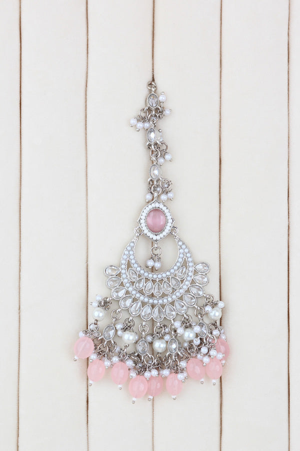 Pink Silver Polish Polki Choker With Pearls Large Earrings And Tikka (CS010-P-SP-Polki)
