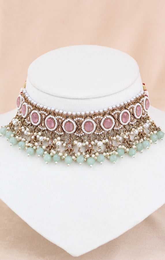 Pink | Light Green Gold Polish Polki Choker With Pearls Large Earrings And Tikka (CS010-PG-GP-Polki)