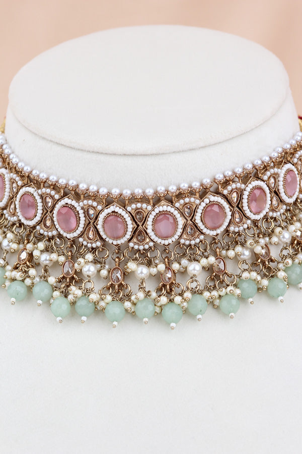 Pink | Light Green Gold Polish Polki Choker With Pearls Large Earrings And Tikka (CS010-PG-GP-Polki)