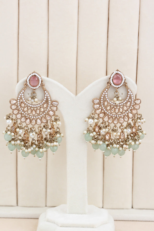 Pink | Light Green Gold Polish Polki Choker With Pearls Large Earrings And Tikka (CS010-PG-GP-Polki)