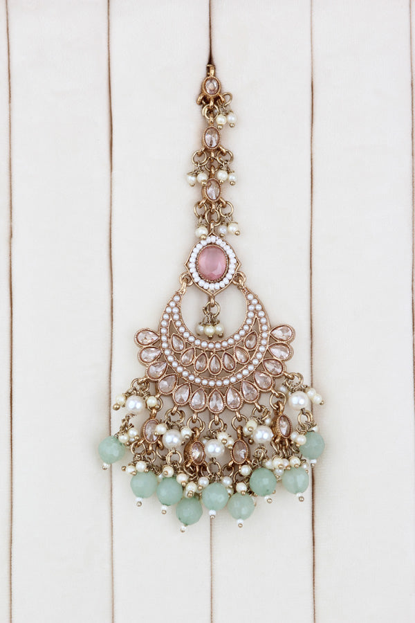 Pink | Light Green Gold Polish Polki Choker With Pearls Large Earrings And Tikka (CS010-PG-GP-Polki)