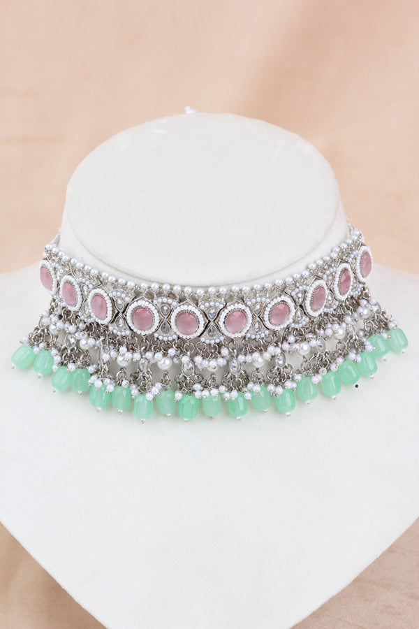 Pink | Light Green Silver Polish Polki Choker With Pearls Large Earrings And Tikka (CS010-PLG-SP-Polki)