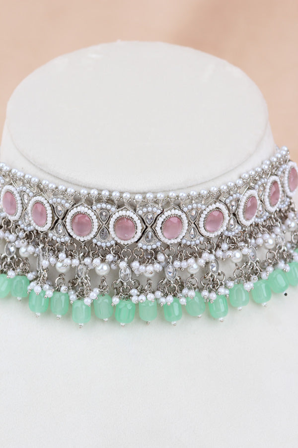 Pink | Light Green Silver Polish Polki Choker With Pearls Large Earrings And Tikka (CS010-PLG-SP-Polki)