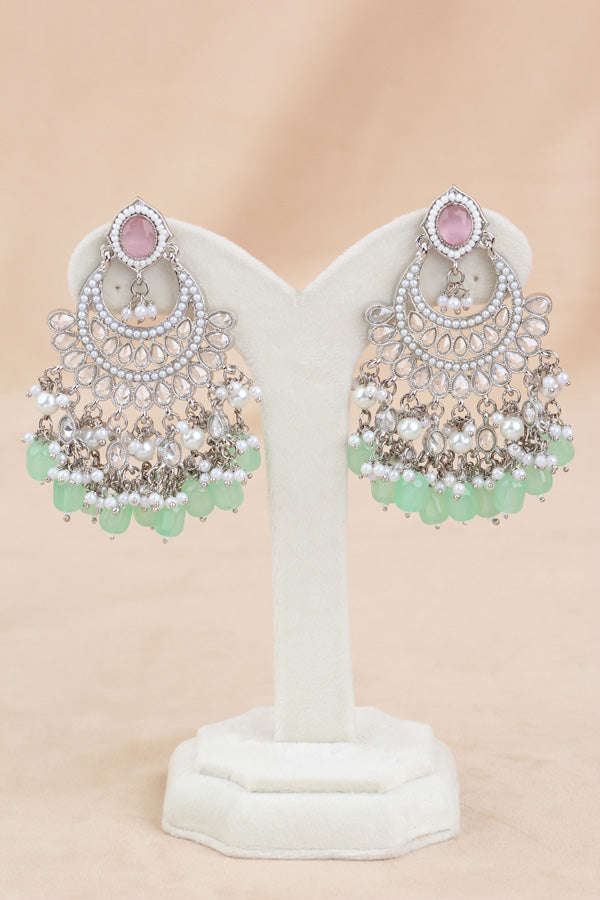 Pink | Light Green Silver Polish Polki Choker With Pearls Large Earrings And Tikka (CS010-PLG-SP-Polki)