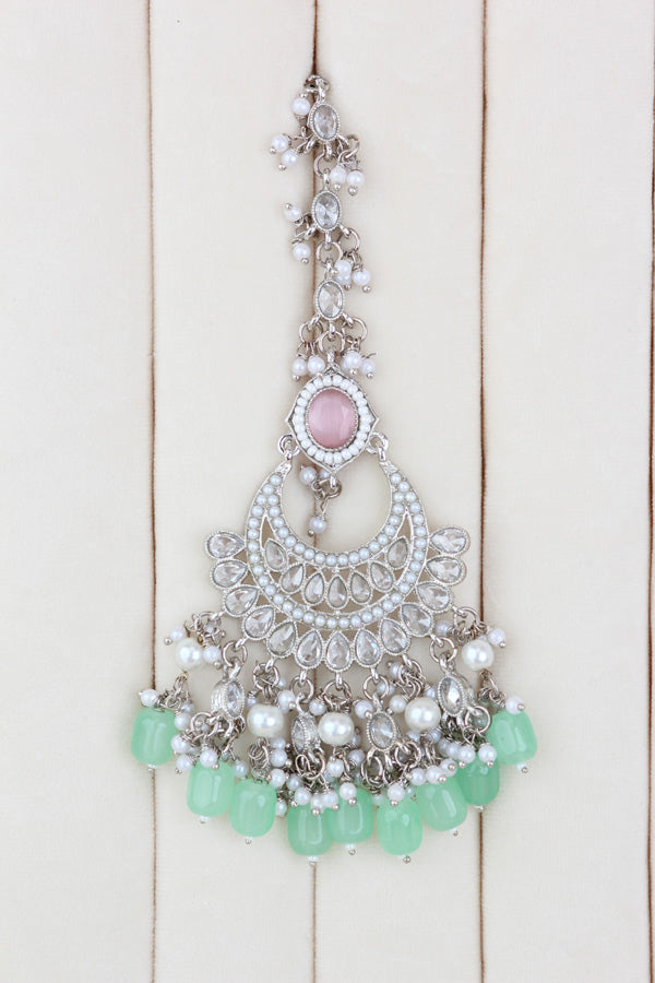 Pink | Light Green Silver Polish Polki Choker With Pearls Large Earrings And Tikka (CS010-PLG-SP-Polki)
