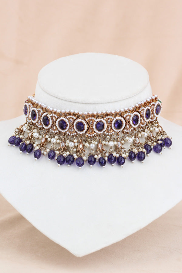 Purple Mehndi Polish Polki Choker With Pearls Large Earrings And Tikka (CS010-PU-MP-Polki)
