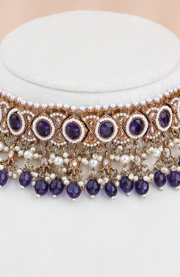 Purple Mehndi Polish Polki Choker With Pearls Large Earrings And Tikka (CS010-PU-MP-Polki)