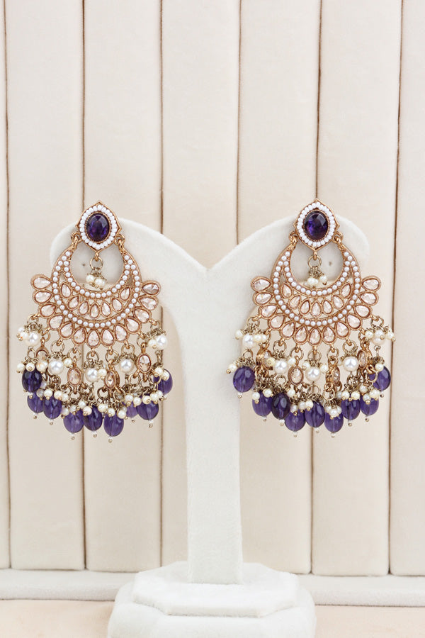 Purple Mehndi Polish Polki Choker With Pearls Large Earrings And Tikka (CS010-PU-MP-Polki)