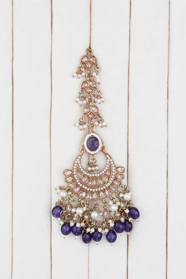 Purple Mehndi Polish Polki Choker With Pearls Large Earrings And Tikka (CS010-PU-MP-Polki)