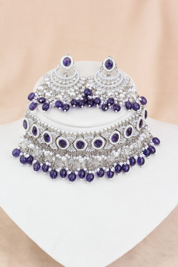 Purple Silver Polish Polki Choker With Pearls Large Earrings And Tikka (CS010-PU-SP-Polki)