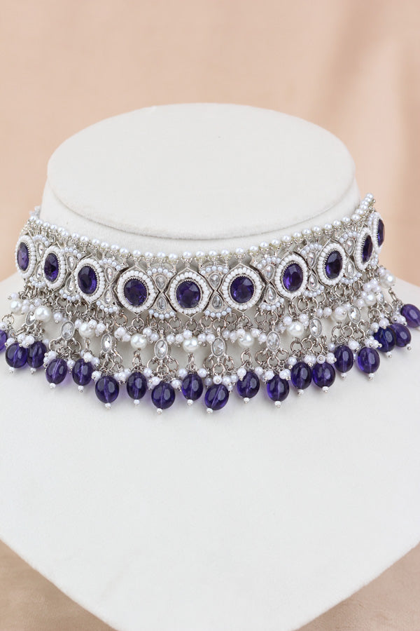 Purple Silver Polish Polki Choker With Pearls Large Earrings And Tikka (CS010-PU-SP-Polki)