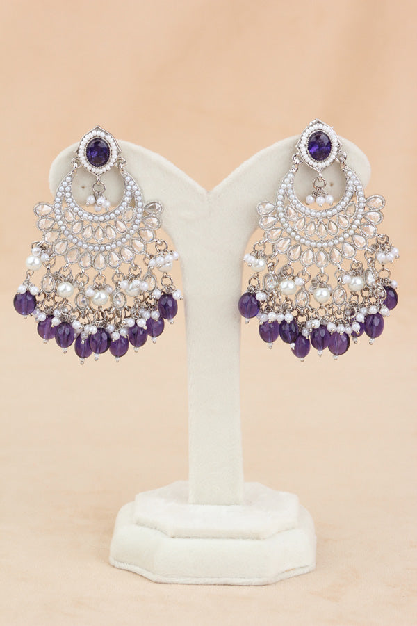 Purple Silver Polish Polki Choker With Pearls Large Earrings And Tikka (CS010-PU-SP-Polki)
