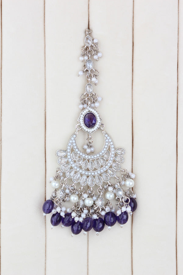 Purple Silver Polish Polki Choker With Pearls Large Earrings And Tikka (CS010-PU-SP-Polki)
