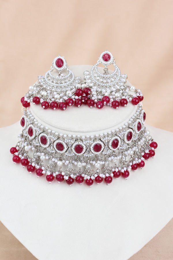 Red Silver Polish Polki Choker With Pearls Large Earrings And Tikka (CS010-R-SP-Polki)