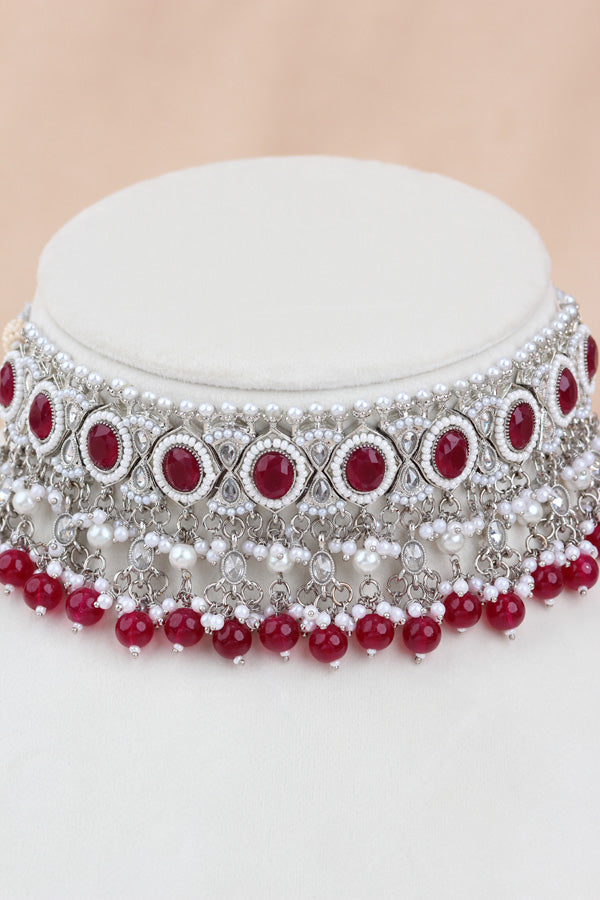 Red Silver Polish Polki Choker With Pearls Large Earrings And Tikka (CS010-R-SP-Polki)
