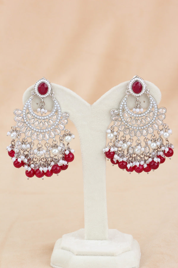 Red Silver Polish Polki Choker With Pearls Large Earrings And Tikka (CS010-R-SP-Polki)