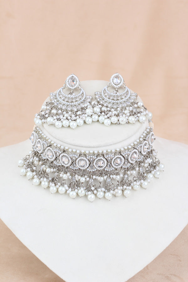 White Silver Polish Polki Choker With Pearls Large Earrings And Tikka (CS010-S-SP-Polki)
