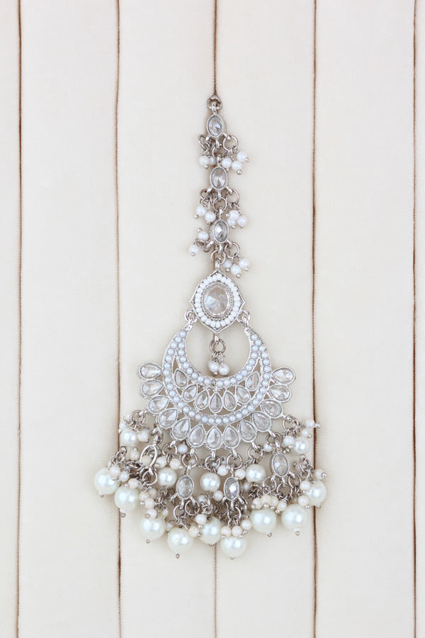 White Silver Polish Polki Choker With Pearls Large Earrings And Tikka (CS010-S-SP-Polki)