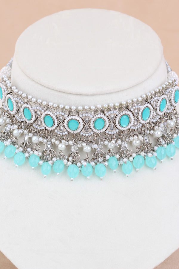 Sky Blue Silver Polish Polki Choker With Pearls Large Earrings And Tikka (CS010-SB-SP-Polki)